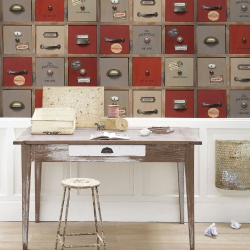 Red retro drawers workshop wallpaper