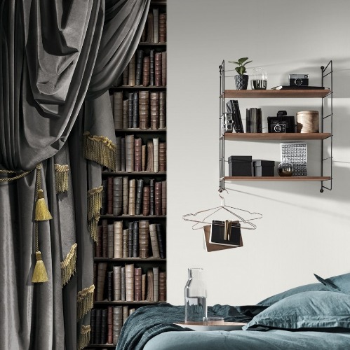 Left grey curtains with bookshelves mural