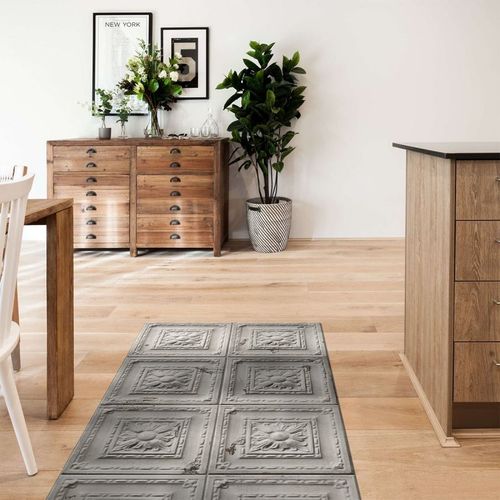 Mid grey antic tin tiles vinyl rug Diana - runner size