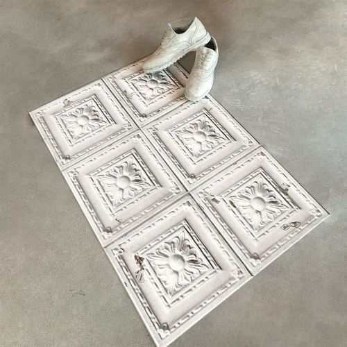 Off white antic tin tiles vinyl rug Emma