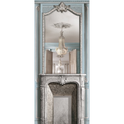 Light blue pastel fireplace with mirror and haussmannian panel 133cm