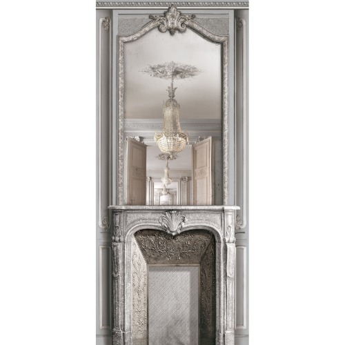 Light grey pastel fireplace with mirror and haussmannian panelling 133cm