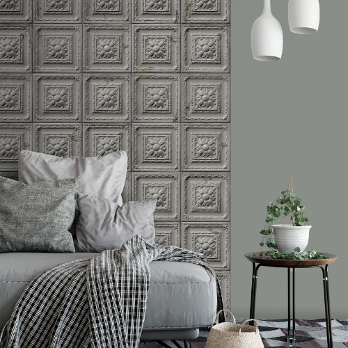 Antique mid-grey tin tiles wallpaper ver.2