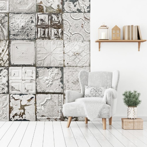 Panoramic wallpaper victorian tin tiles white spirit