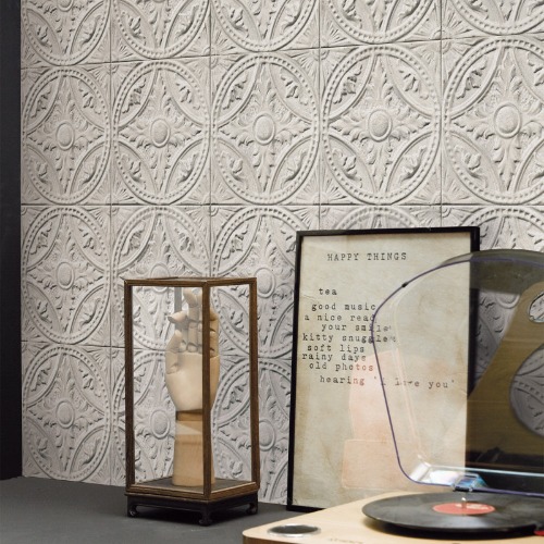 White medallion tin tiles wallpaper