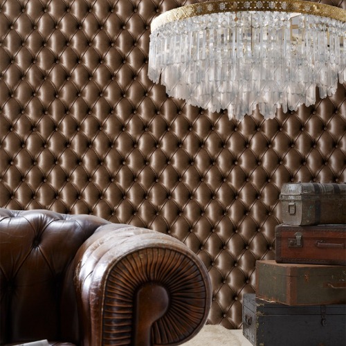 Chocolate brown tufted leather wallpaper