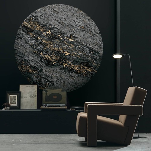 Black &amp; Gold Sarrancolin marble round wallpaper - Ø 130 cm