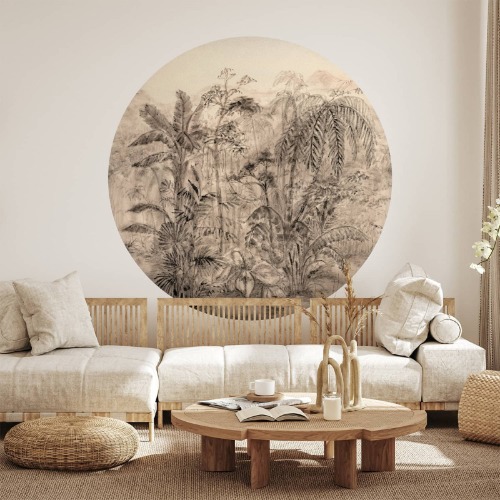 Round charcoal jungle wallpaper - Ø 130 cm