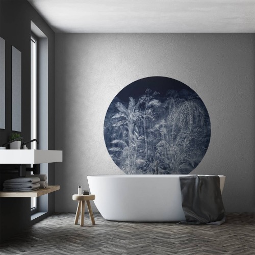 Cyanotype charcoal jungle round wallpaper - Ø 130 cm