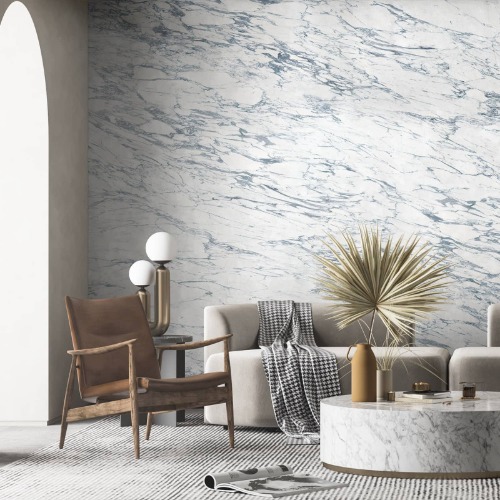 White &amp; Blue Arabescato marble panoramic wall mural