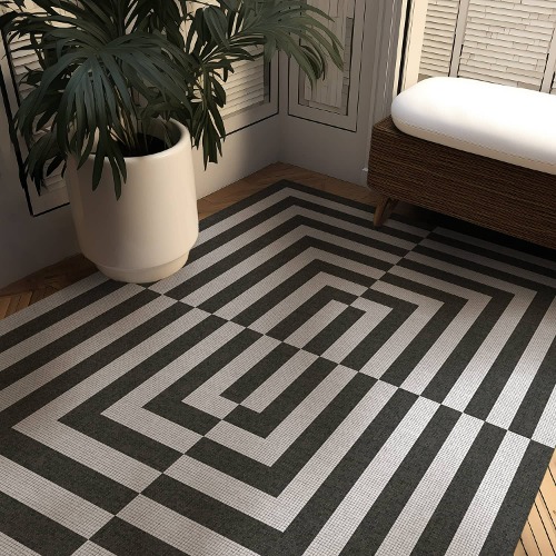 black and white rotating mosaic design vinyl rug - Wide size